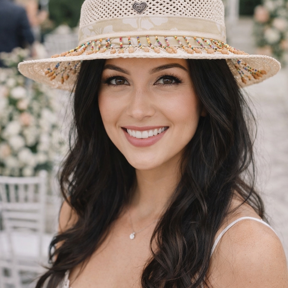 Straw Beaded Brim Hat - Natural Beige